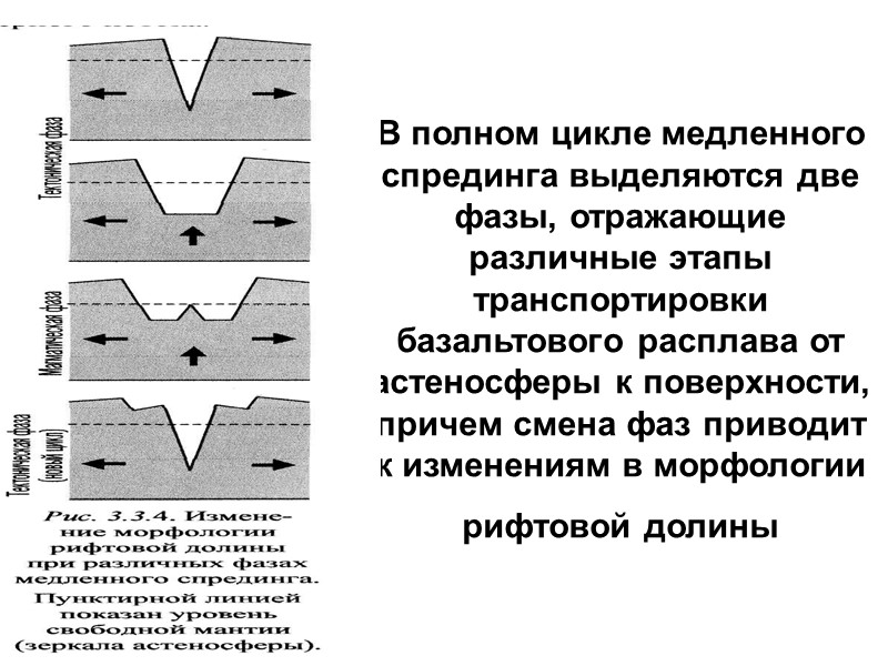 В полном цикле медленного спрединга выделяются две фазы, отражающие различные этапы транспортировки базальтового расплава